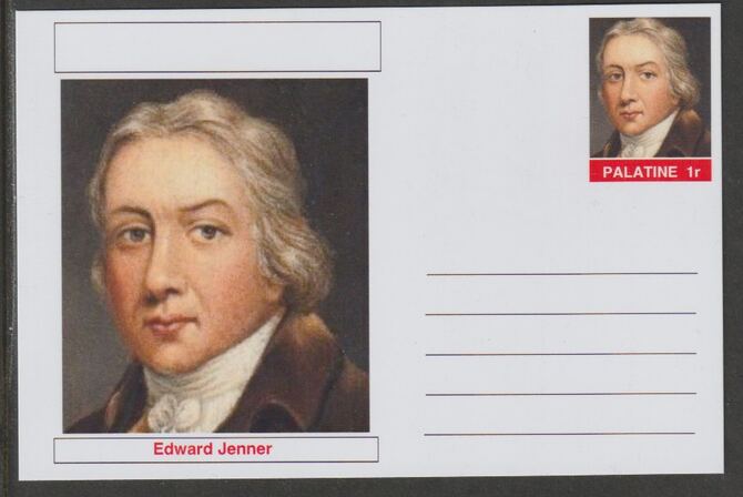 Palatine (Fantasy) Personalities - Edward Jenner postal stationery card unused and fine, stamps on , stamps on  stamps on medical, stamps on  stamps on red cross, stamps on  stamps on personalities