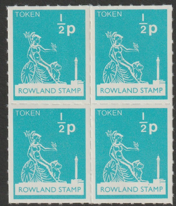 Great Britain 1972 Rowland School 1/2p token label in the same colour as the Machin 1/2p definitive for use in training, fine unmounted mint block of 4, stamps on cinderella, stamps on postal