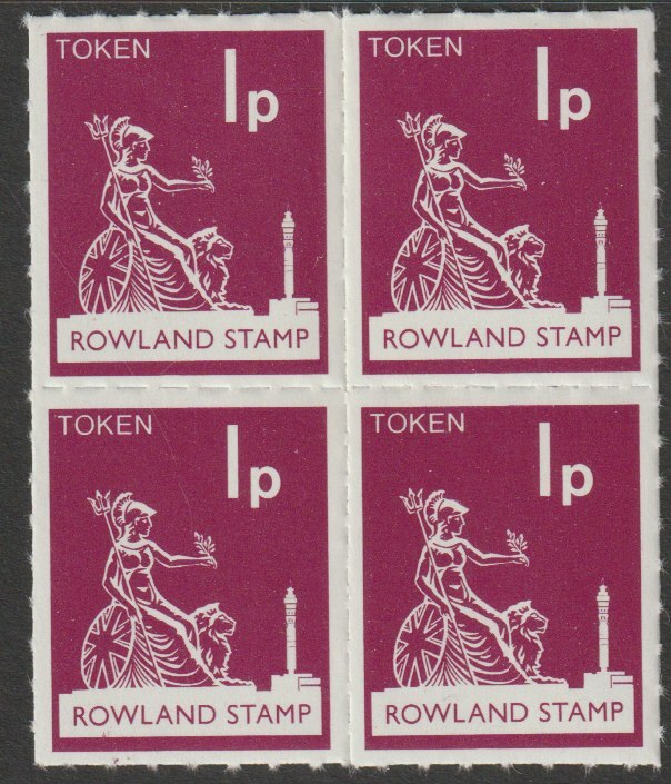 Great Britain 1972 Rowland School 1p token label in the same colour as the Machin 1p definitive for use in training, fine unmounted mint block of 4, stamps on , stamps on  stamps on cinderella, stamps on  stamps on postal