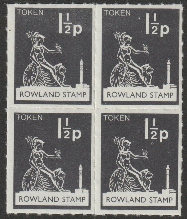 Great Britain 1972 Rowland School 1.5p token label in the same colour as the Machin 1.5p definitive for use in training, fine unmounted mint block of 4, stamps on cinderella, stamps on postal