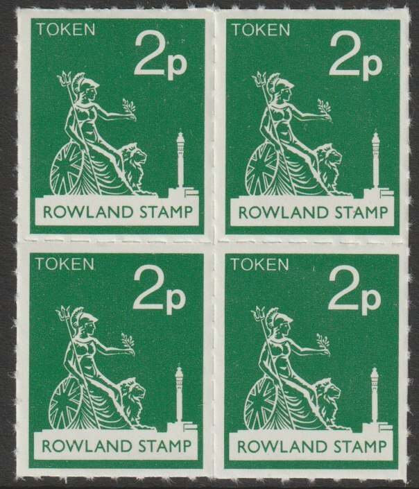 Great Britain 1972 Rowland School 2p token label in the same colour as the Machin 2p definitive for use in training, fine unmounted mint block of 4, stamps on , stamps on  stamps on cinderella, stamps on  stamps on postal