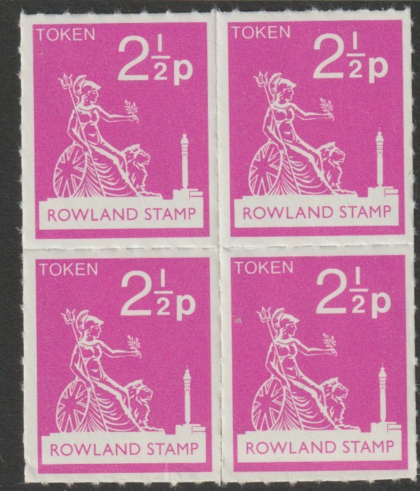 Great Britain 1972 Rowland School 2.5p token label in the same colour as the Machin 2.5p definitive for use in training, fine unmounted mint block of 4, stamps on cinderella, stamps on postal