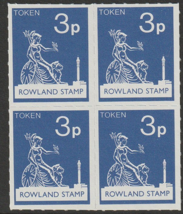 Great Britain 1972 Rowland School 3p token label in the same colour as the Machin 3p definitive for use in training, fine unmounted mint block of 4, stamps on cinderella, stamps on postal