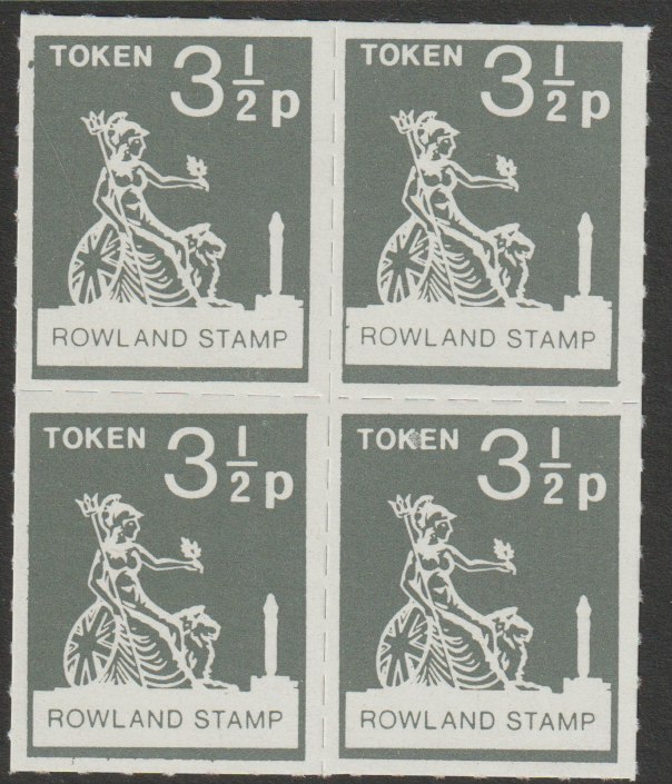 Great Britain 1972 Rowland School 3.5p token label in the same colour as the Machin 3.5p definitive for use in training, fine unmounted mint block of 4, stamps on , stamps on  stamps on cinderella, stamps on  stamps on postal