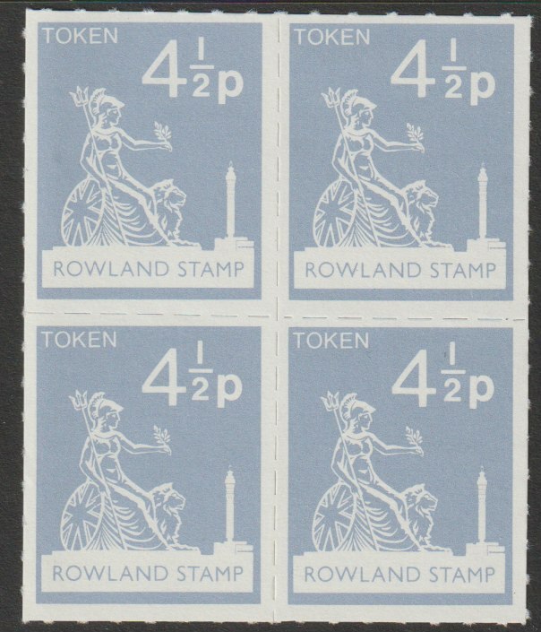 Great Britain 1972 Rowland School 4.5p token label in the same colour as the Machin 4.5p definitive for use in training, fine unmounted mint block of 4, stamps on cinderella, stamps on postal