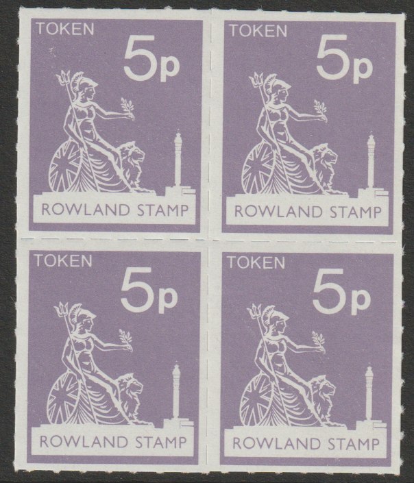 Great Britain 1972 Rowland School 5p token label in the same colour as the Machin 5p definitive for use in training, fine unmounted mint block of 4, stamps on cinderella, stamps on postal