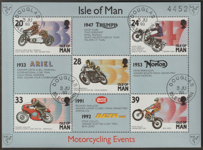 Isle of Man 1993 Manx Motor Cycling Events perf m/sheet fine cds used SG MS 572, stamps on , stamps on  stamps on motorbikes, stamps on  stamps on sport