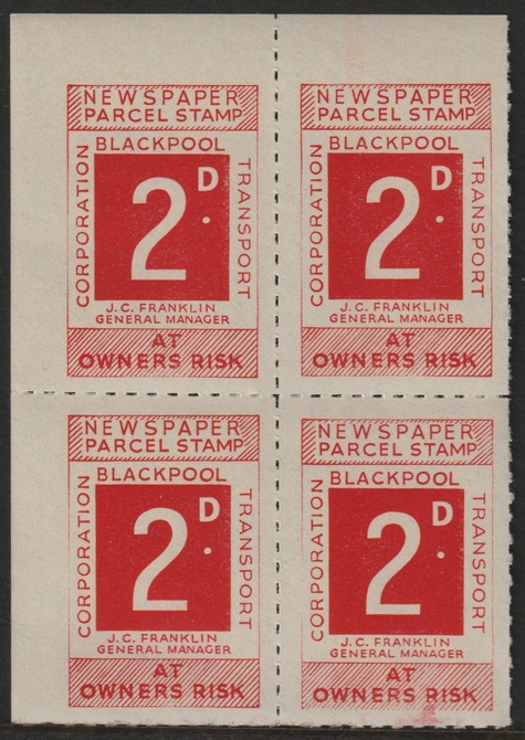 Cinderella  - Blackpool Corporation Newspaper Parcel Stamp 2d red - unmounted mint block of 4, stamps on , stamps on  stamps on cinderella, stamps on  stamps on newspapers