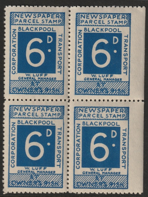 Cinderella  - Blackpool Corporation Newspaper Parcel Stamp 6d blue - unmounted mint block of 4, stamps on cinderella, stamps on newspapers