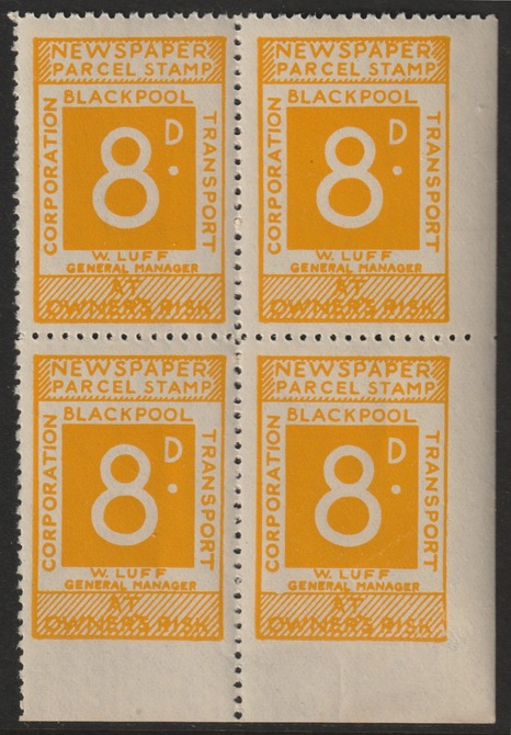 Cinderella  - Blackpool Corporation Newspaper Parcel Stamp 8d yellow - unmounted mint block of 4, stamps on cinderella, stamps on newspapers