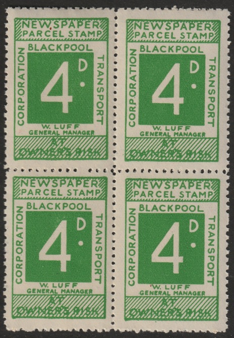 Cinderella  - Blackpool Corporation Newspaper Parcel Stamp 4d green - unmounted mint block of 4, stamps on cinderella, stamps on newspapers