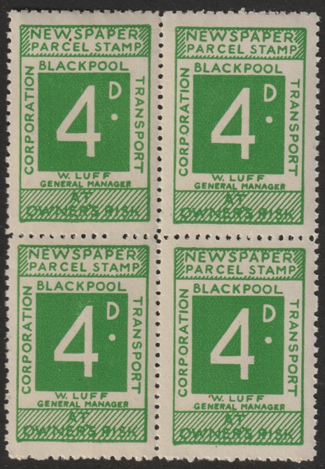 Cinderella  - Blackpool Corporation Newspaper Parcel Stamp 4d green - unmounted mint block of 4, stamps on cinderella, stamps on newspapers