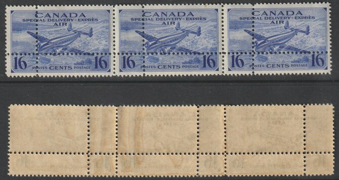 Canada 1942 Special Delivery Lockheed 16c ultramarine (SG S13) strip of 3 with perforations doubled (stamps are quartered) an attractive and interesting modern forgery, u..., stamps on forgery, stamps on  kg6 , stamps on aviation