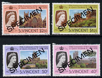 St Vincent 1978 Coronation 25th Anniversary set of 4 (Cathedrals & Abbeys) opt'd Specimen unmounted mint, as SG 556-59, stamps on , stamps on  stamps on churches, stamps on royalty, stamps on coronation, stamps on cathedrals