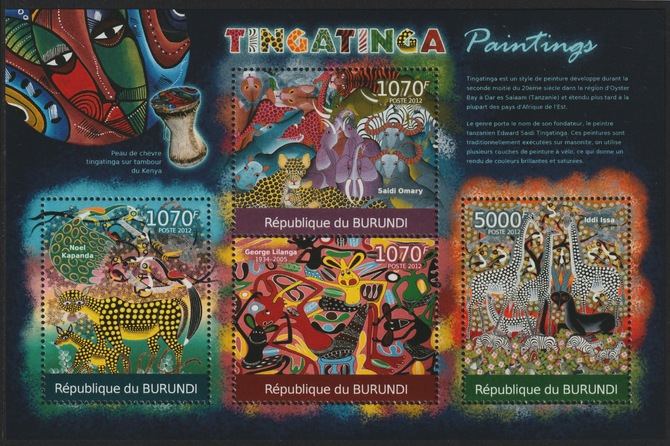 Burundi 2012 Tingatinga Paintings perf sheet containing 4 values unmounted mint, stamps on , stamps on  stamps on arts