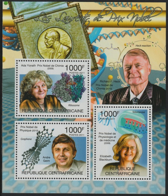 Central African Republic 2011 Nobel Prize Winners perf sheet containing 3 values unmounted mint, stamps on , stamps on  stamps on personalities, stamps on  stamps on nobel
