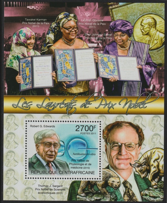 Central African Republic 2011 Nobel Prize Winners perf s/sheet containing 1 value unmounted mint, stamps on personalities, stamps on nobel