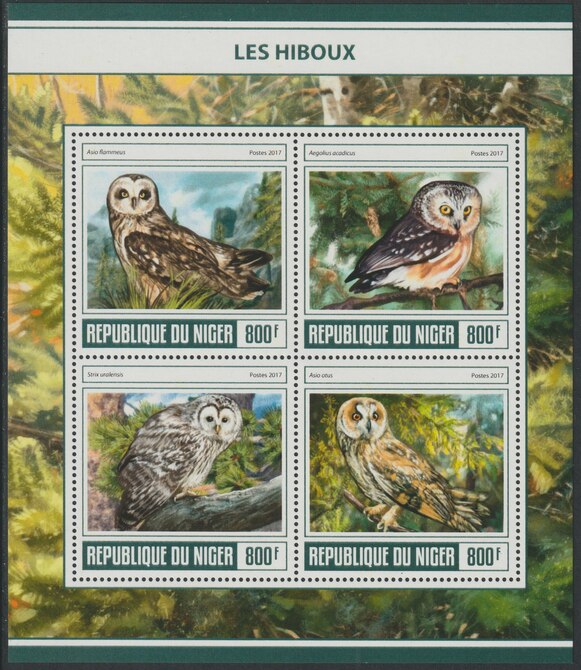 Niger Republic 2017 Owls perf sheet containing 4 values unmounted mint, stamps on birds, stamps on birds of prey, stamps on owls
