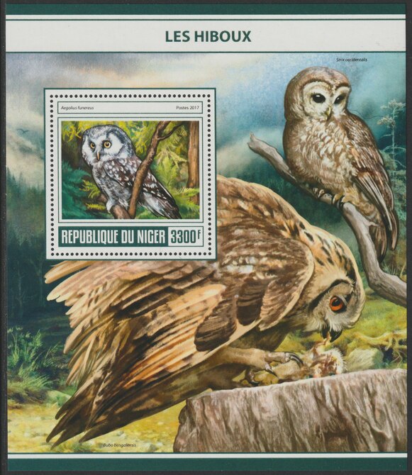 Niger Republic 2017 Owls perf souvenir sheet containing one value unmounted mint, stamps on , stamps on  stamps on birds, stamps on  stamps on birds of prey, stamps on  stamps on owls