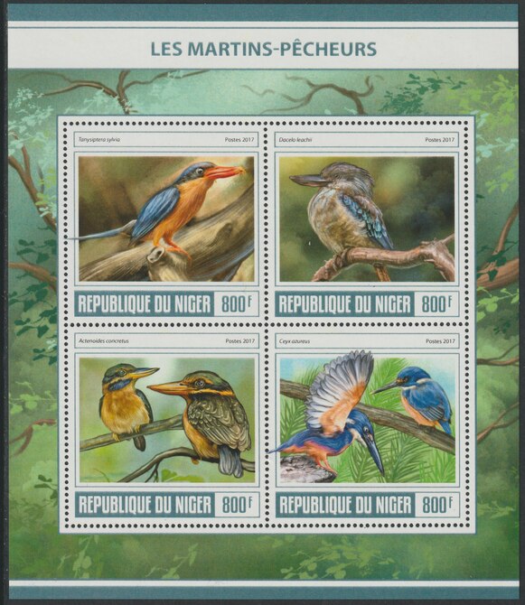 Niger Republic 2017 Kingfishers perf sheet containing 4 values unmounted mint, stamps on birds, stamps on kingfishers