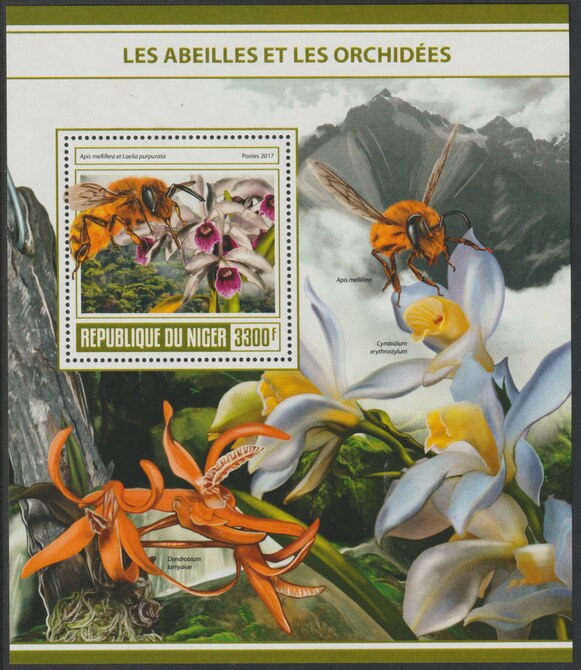 Niger Republic 2017 Bees & Orchids perf souvenir sheet containing one value unmounted mint, stamps on , stamps on  stamps on flowers, stamps on  stamps on orchids