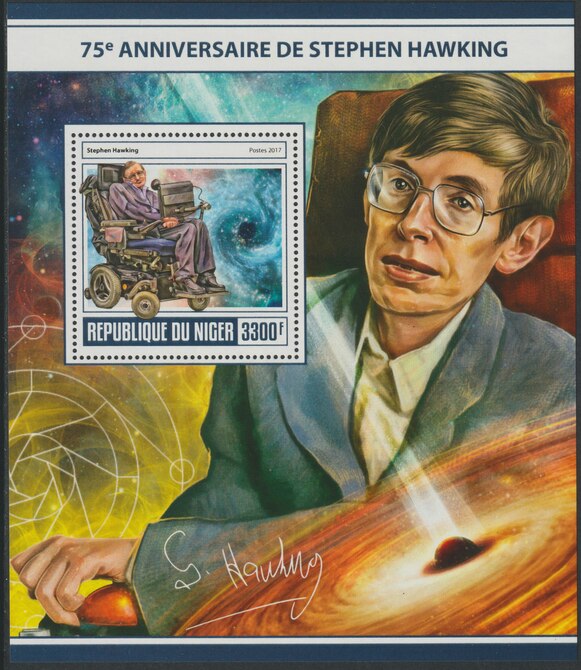 Niger Republic 2017 Stephen Hawking perf souvenir sheet containing one value unmounted mint, stamps on , stamps on  stamps on personalities, stamps on  stamps on science, stamps on  stamps on hawking, stamps on  stamps on disabled