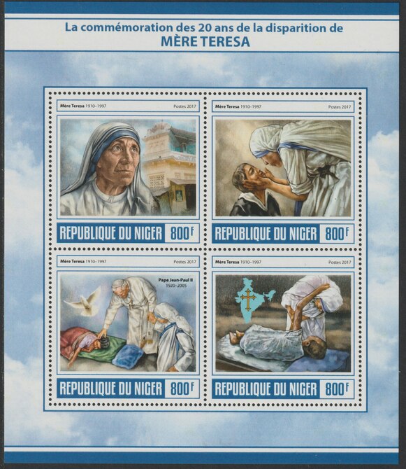 Niger Republic 2017 Mother Teresa perf sheet containing 4 values unmounted mint, stamps on , stamps on  stamps on personalities, stamps on  stamps on teresa, stamps on  stamps on nobel