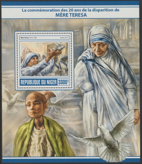 Niger Republic 2017 Mother Teresa perf souvenir sheet containing one value unmounted mint, stamps on , stamps on  stamps on personalities, stamps on  stamps on teresa, stamps on  stamps on nobel