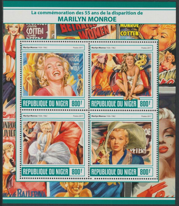 Niger Republic 2017 Marilyn Monroe perf sheet containing 4 values unmounted mint, stamps on personalities, stamps on marilyn, stamps on monroe, stamps on films, stamps on cinema