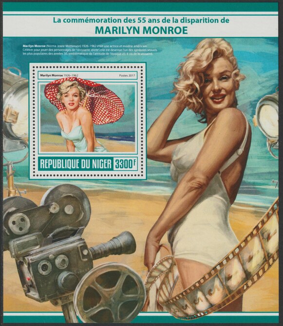 Niger Republic 2017 Marilyn Monroe perf souvenir sheet containing one value unmounted mint, stamps on , stamps on  stamps on personalities, stamps on  stamps on marilyn, stamps on  stamps on monroe, stamps on  stamps on films, stamps on  stamps on cinema