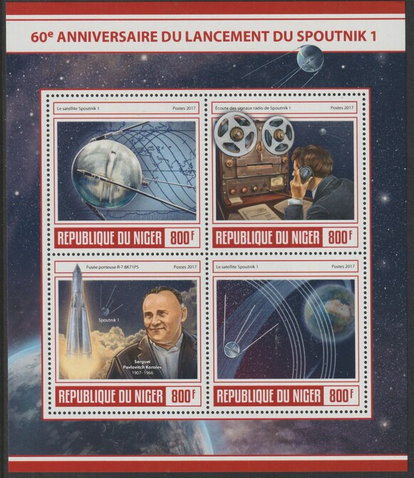 Niger Republic 2017 Sputnik - 60th Anniv perf sheet containing 4 values unmounted mint, stamps on , stamps on  stamps on space, stamps on  stamps on sputnik