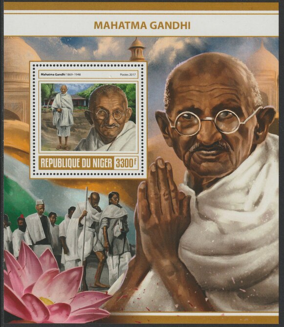 Niger Republic 2017 Mahatma Gandhi perf souvenir sheet containing one value unmounted mint, stamps on , stamps on  stamps on personalities, stamps on  stamps on gandhi, stamps on  stamps on constitutions