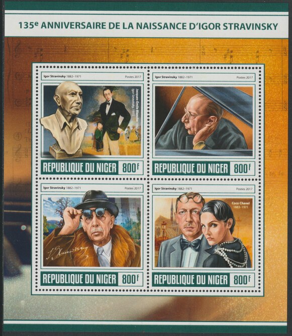 Niger Republic 2017 Igor Stravinsky - 135th Birth Anniv perf sheet containing 4 values unmounted mint, stamps on , stamps on  stamps on personalities, stamps on  stamps on stravinsky, stamps on  stamps on music, stamps on  stamps on composers