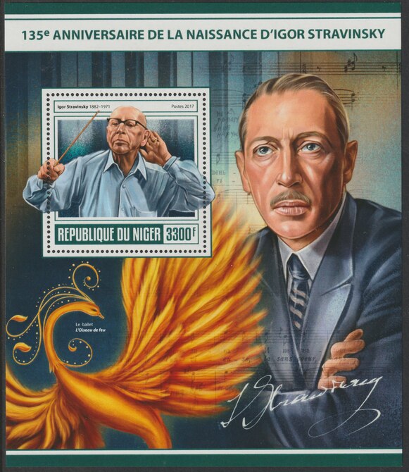 Niger Republic 2017 Igor Stravinsky - 135th Birth Anniv perf souvenir sheet containing one value unmounted mintmint, stamps on , stamps on  stamps on personalities, stamps on  stamps on stravinsky, stamps on  stamps on music, stamps on  stamps on composers