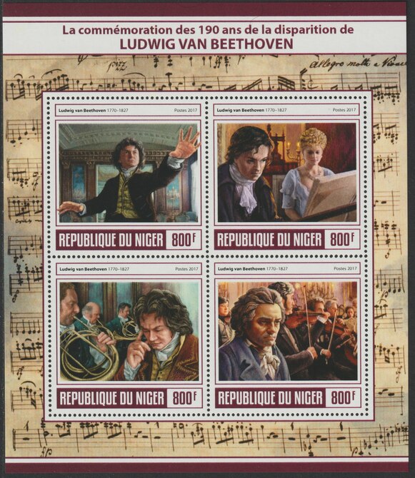 Niger Republic 2017 Beethoven 190th Death Anniv perf sheet containing 4 values unmounted mint, stamps on personalities, stamps on beethoven, stamps on music, stamps on composers