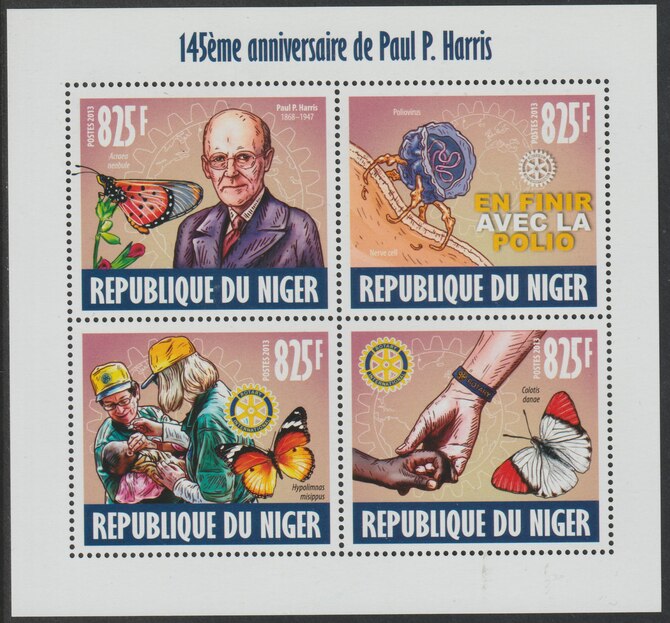Niger Republic 2013 Paul Harris (Rotary) 145th Birth Anniv perf sheet containing 4 values unmounted mint, stamps on , stamps on  stamps on personalities, stamps on  stamps on harris, stamps on  stamps on rotary, stamps on  stamps on butterflies
