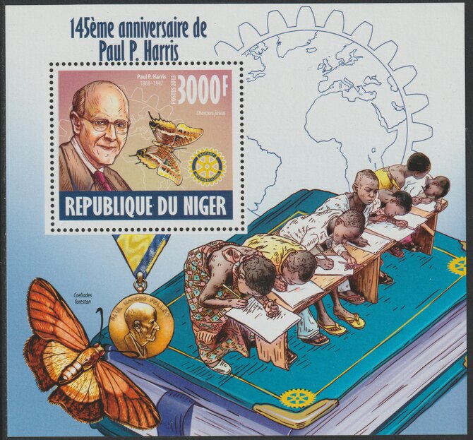 Niger Republic 2013 Paul Harris (Rotary) 145th Birth Anniv perf souvenir sheet containing one value unmounted mint, stamps on , stamps on  stamps on personalities, stamps on  stamps on harris, stamps on  stamps on rotary, stamps on  stamps on butterflies