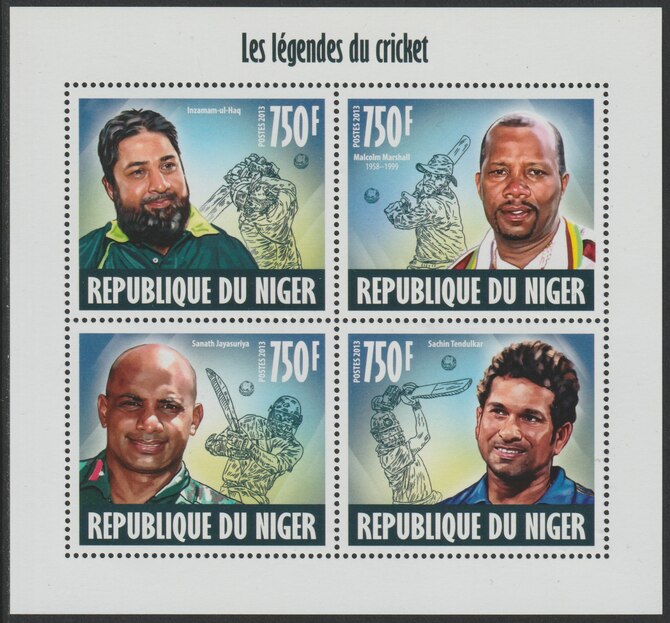 Niger Republic 2013 Legends of Cricket perf sheet containing 4 values unmounted mint, stamps on sport, stamps on cricket