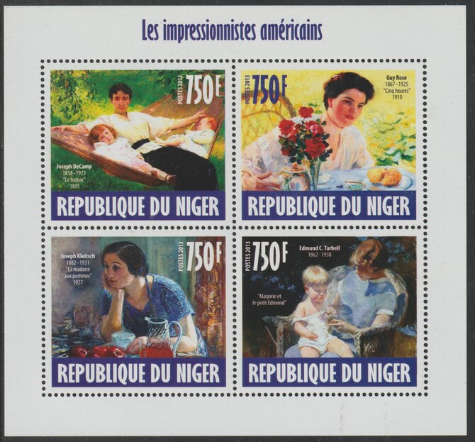 Niger Republic 2013 American Impressionist Painters perf sheet containing 4 values unmounted mint, stamps on , stamps on  stamps on arts, stamps on  stamps on americana