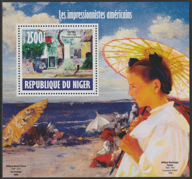 Niger Republic 2013 American Impressionist Painters perf souvenir sheet containing one value unmounted mint, stamps on , stamps on  stamps on arts, stamps on  stamps on americana, stamps on  stamps on umbrellas