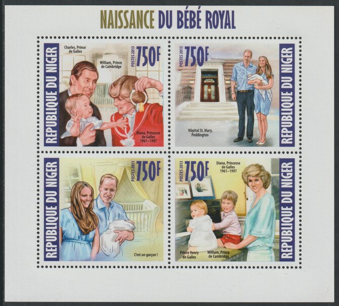 Niger Republic 2013 Birth of Royal Children perf sheet containing 4 values unmounted mint, stamps on royalty, stamps on diana, stamps on william, stamps on george