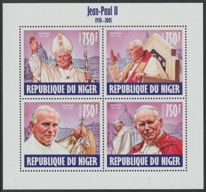 Niger Republic 2013 Pope John Paul II perf sheet containing 4 values unmounted mint, stamps on , stamps on  stamps on personalities, stamps on  stamps on popes, stamps on  stamps on religion