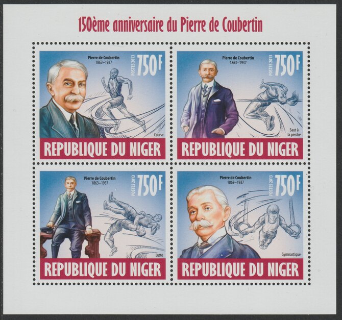 Niger Republic 2013 Pierre de Coubertin (Olympics) perf sheet containing 4 values unmounted mint, stamps on , stamps on  stamps on personalities, stamps on  stamps on coubertin, stamps on  stamps on olympics