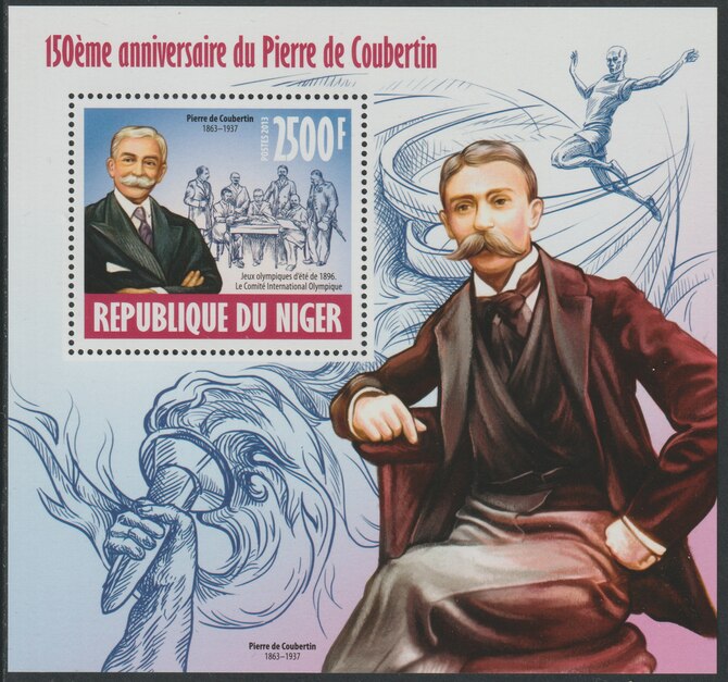 Niger Republic 2013 Pierre de Coubertin (Olympics) perf souvenir sheet containing one value unmounted mint, stamps on , stamps on  stamps on personalities, stamps on  stamps on coubertin, stamps on  stamps on olympics