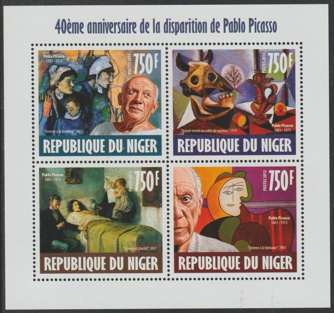 Niger Republic 2013 Pablo Picasso perf sheet containing 4 values unmounted mint, stamps on , stamps on  stamps on personalities, stamps on  stamps on picasso, stamps on  stamps on arts