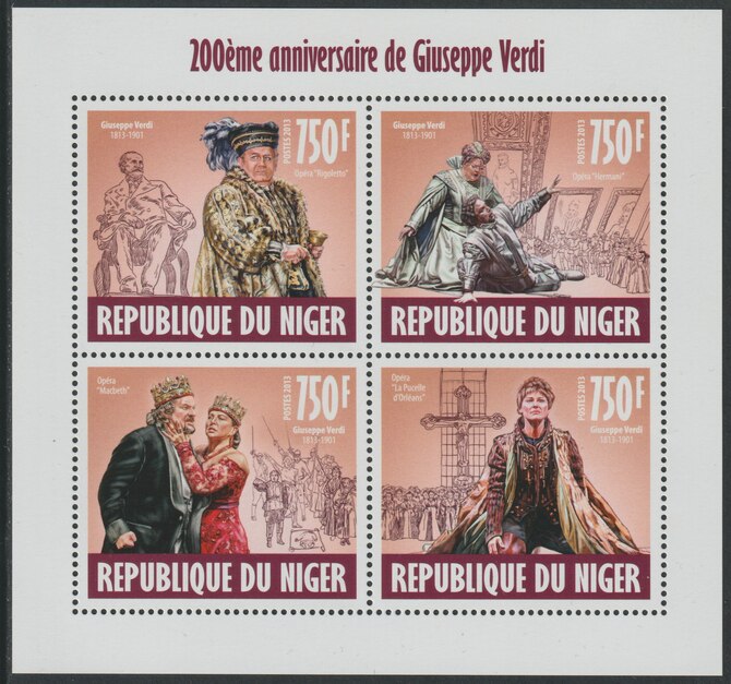 Niger Republic 2013 Giuseppe Verdi perf sheet containing 4 values unmounted mint, stamps on personalities, stamps on music, stamps on composers, stamps on verdi