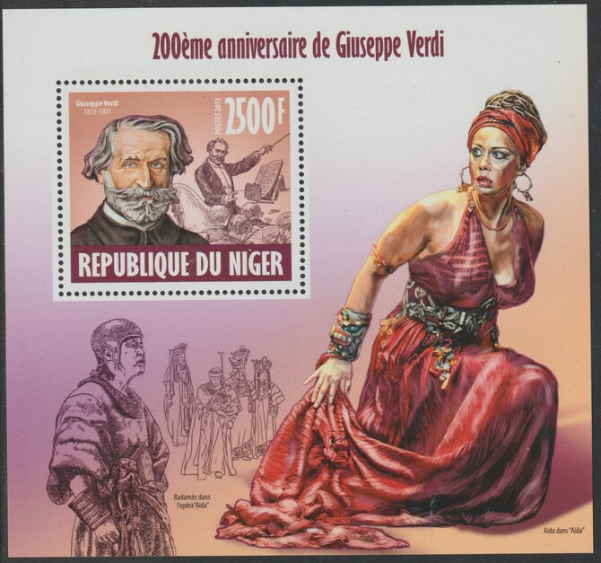 Niger Republic 2013 Giuseppe Verdi perf souvenir sheet containing one value unmounted mint, stamps on , stamps on  stamps on personalities, stamps on  stamps on music, stamps on  stamps on composers, stamps on  stamps on verdi