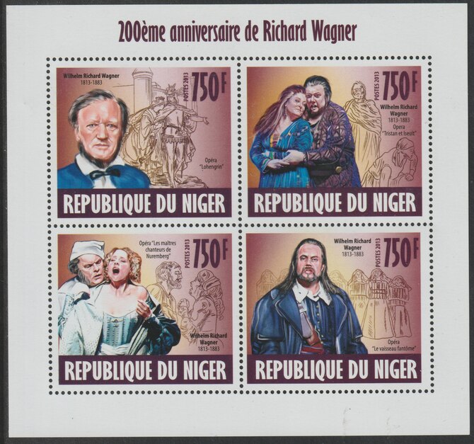 Niger Republic 2013 Richard Wagner perf sheet containing 4 values unmounted mint, stamps on , stamps on  stamps on personalities, stamps on  stamps on music, stamps on  stamps on composers, stamps on  stamps on wagner