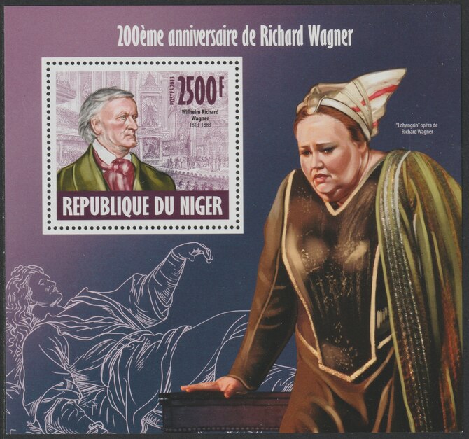 Niger Republic 2013 Richard Wagner perf souvenir sheet containing one value unmounted mint, stamps on , stamps on  stamps on personalities, stamps on  stamps on music, stamps on  stamps on composers, stamps on  stamps on wagner