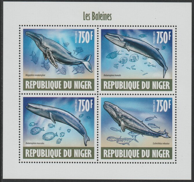 Niger Republic 2013 Whales perf sheet containing 4 values unmounted mint, stamps on , stamps on  stamps on marine life, stamps on  stamps on whales
